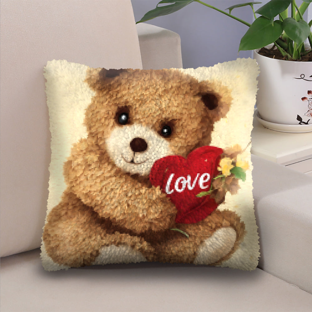 Teddy Bear with Love Heart Latch Hook Pillow Kit