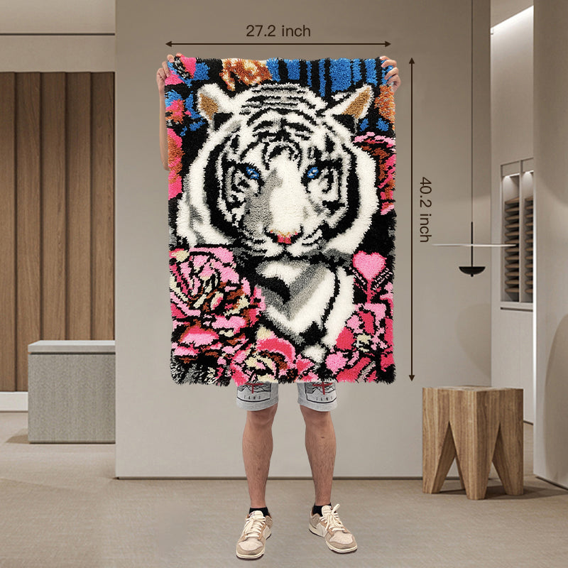 Large Size Latch Hook Rug Kit, White Tiger with Flowers DIY Wall Hanging Craft Set