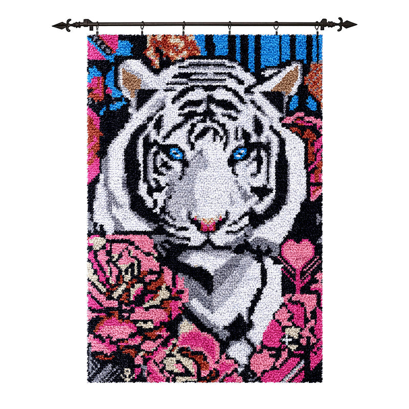 Large Size Latch Hook Rug Kit, White Tiger with Flowers DIY Wall Hanging Craft Set