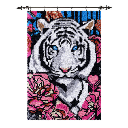 Large Size Latch Hook Rug Kit, White Tiger with Flowers DIY Wall Hanging Craft Set
