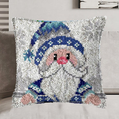Blue Cartoon Gnome Xmas Latch Hook Pillow Kit for Adult, Beginner and Kid