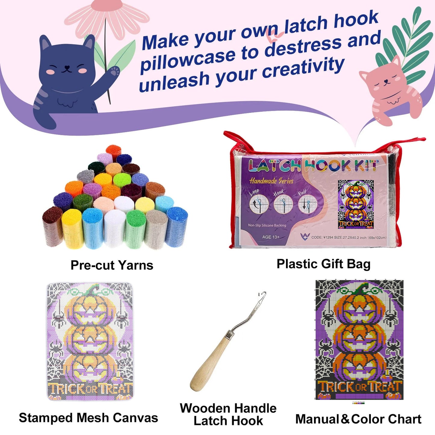 Three Pumpkins Halloween Latch Hook Rug Kit