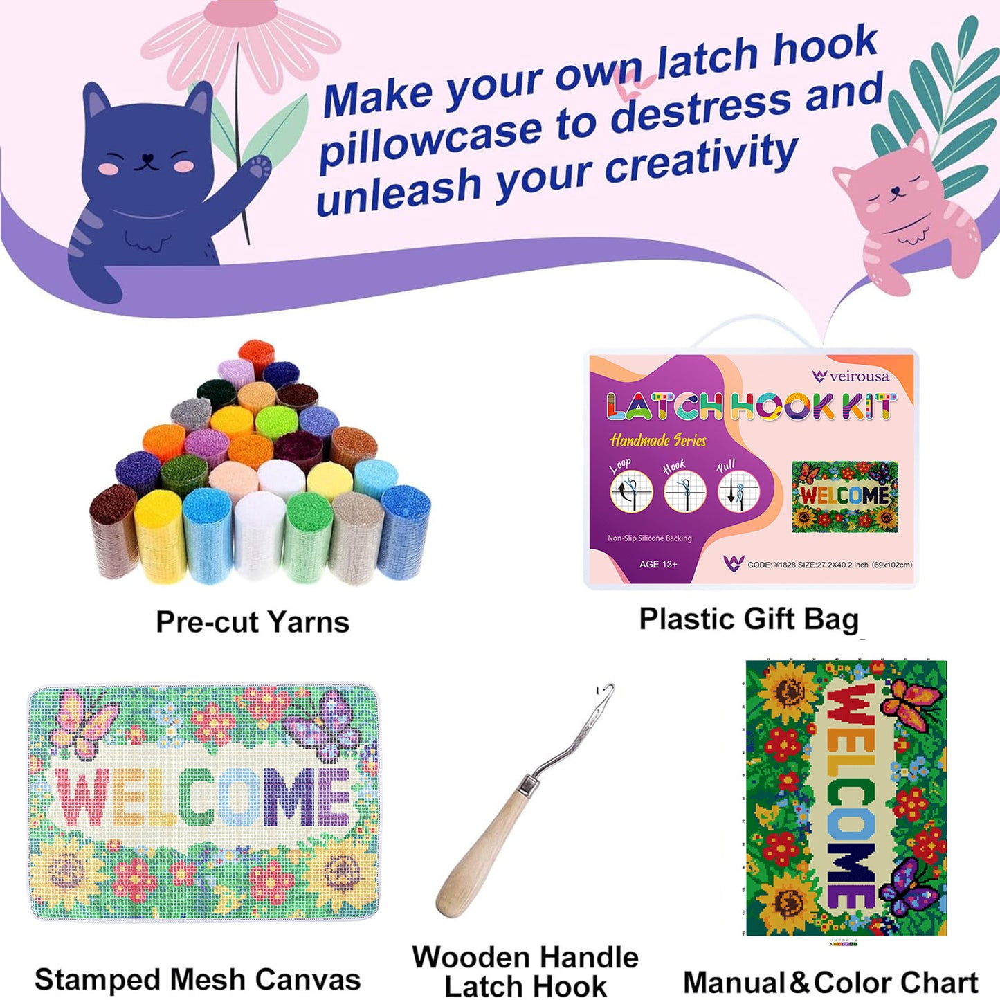 WELCOME Butterfly & Floral Latch Hook Rug Kit, Large Size DIY Wall Hanging Craft Set