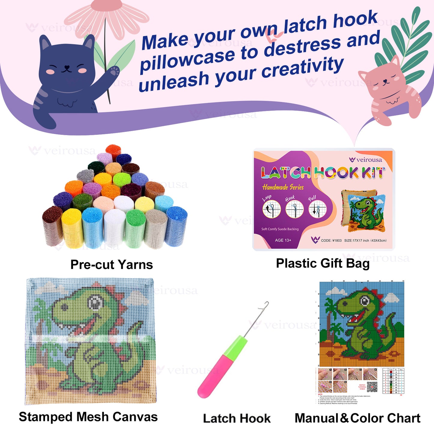 Cartoon Dinosaur Latch Hook Pillow Kit