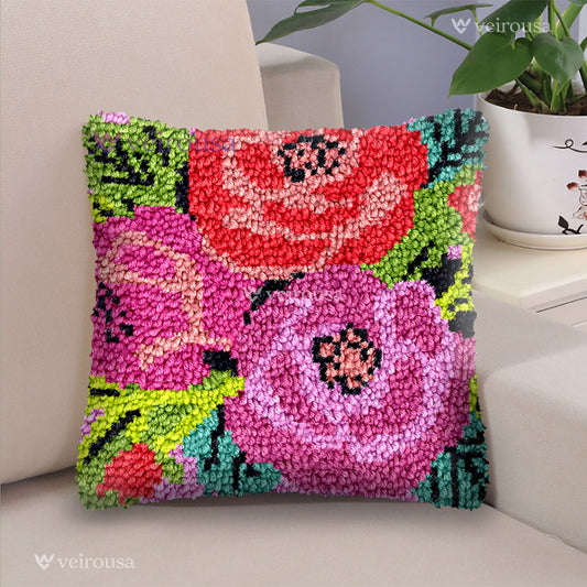 Kit de coussin à crochet avec roses rouges et roses pour adultes, débutants et enfants