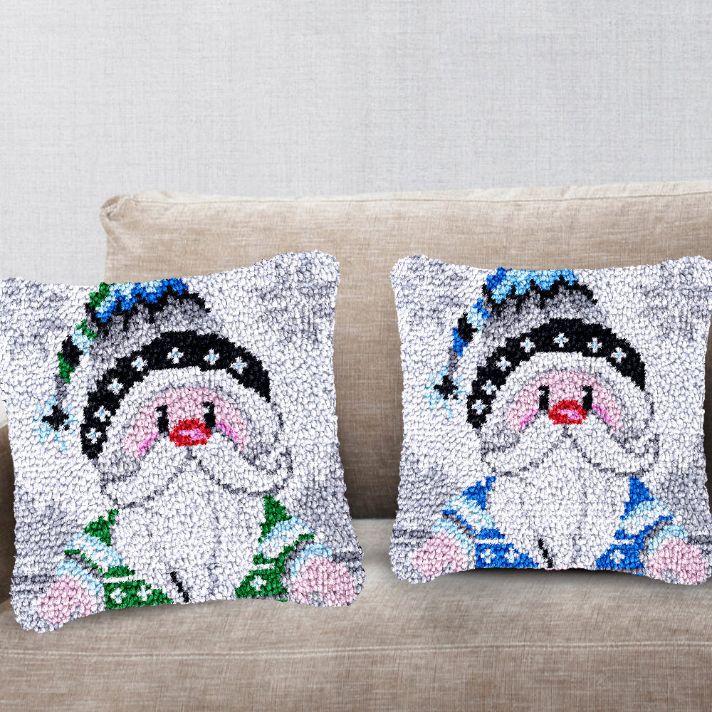 Blue Cartoon Gnome Xmas Latch Hook Pillow Kit for Adult, Beginner and Kid