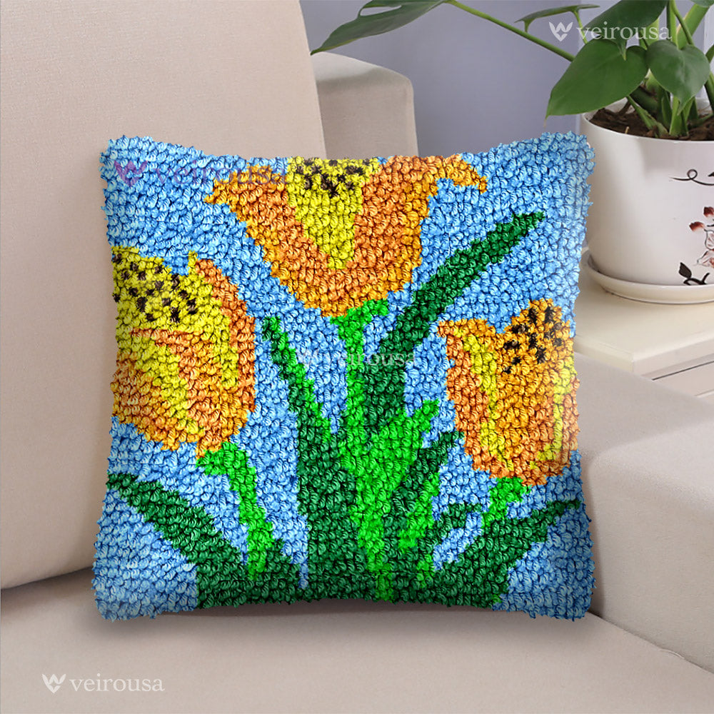 Kit de coussin à crocheter Tulipes Jaunes pour adultes, débutants et enfants