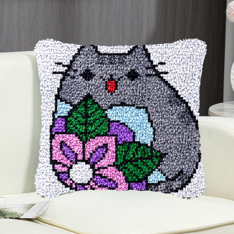 Kit de crochets pour taie d'oreiller avec motif chat gris, pour adultes, débutants et enfants. 