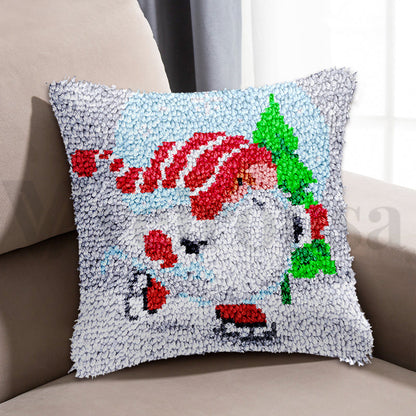 Ice-skating Xmas Gnomes Latch Hook Pillow Kits for Adult, Beginner and Kid