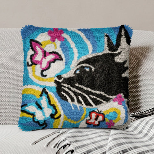 Cat And Butterfly Pillowcase Latch Hook Kits for Adult, Beginner and Kid