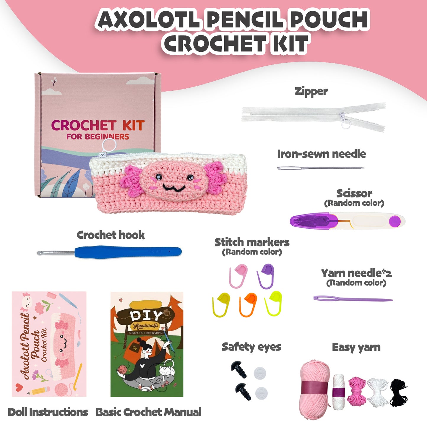 Axolotl Pencil Pouch Crochet Kit