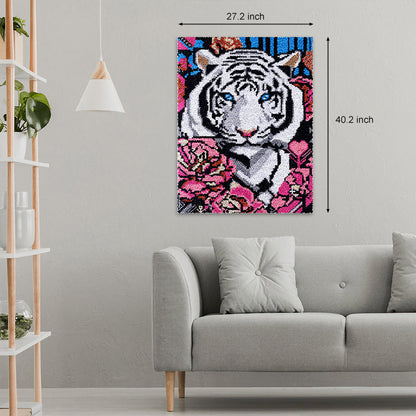 Large Size Latch Hook Rug Kit, White Tiger with Flowers DIY Wall Hanging Craft Set