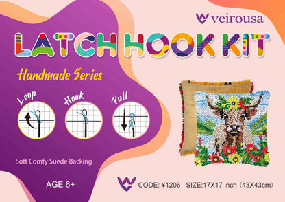 Highland Cow With Flowers Latch Hook Pillow Kit for Adult, Beginner and Kid