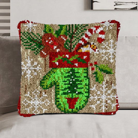 Green Christmas Gloves Pillowcase Latch Hook Kits for Adult, Beginner and Kid