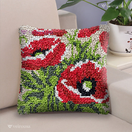 Kit de coussin à crocheter « Coquelicots rouges » pour adultes, débutants et enfants