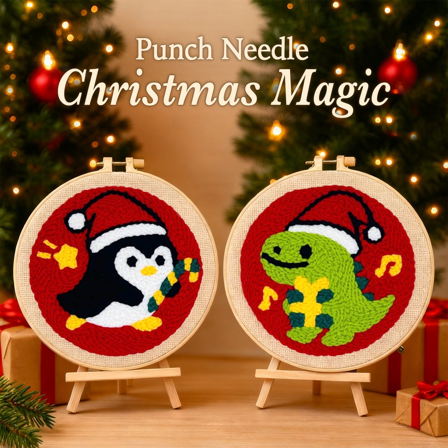 Christmas Dinosaur & Penguin Punch Needle Kit for Beginners