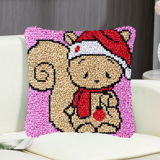 Christmas Squirrel Pillowcase Latch Hook Kit for Adult, Beginner and Kid