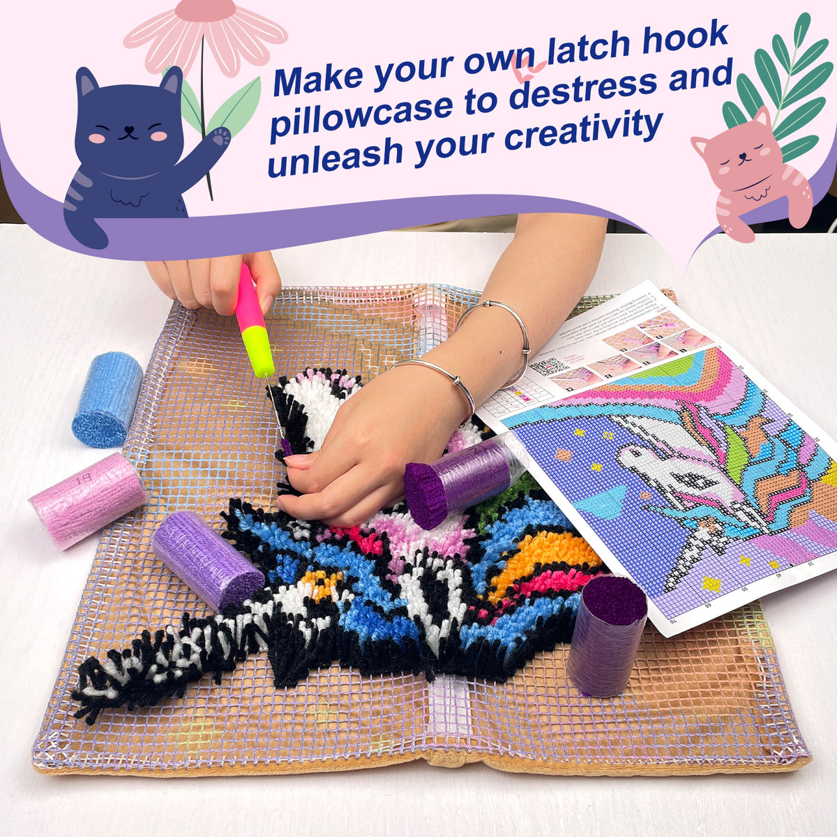 Lavenders and Bee Latch Hook Pillow Kit for Adult, Beginner and Kid