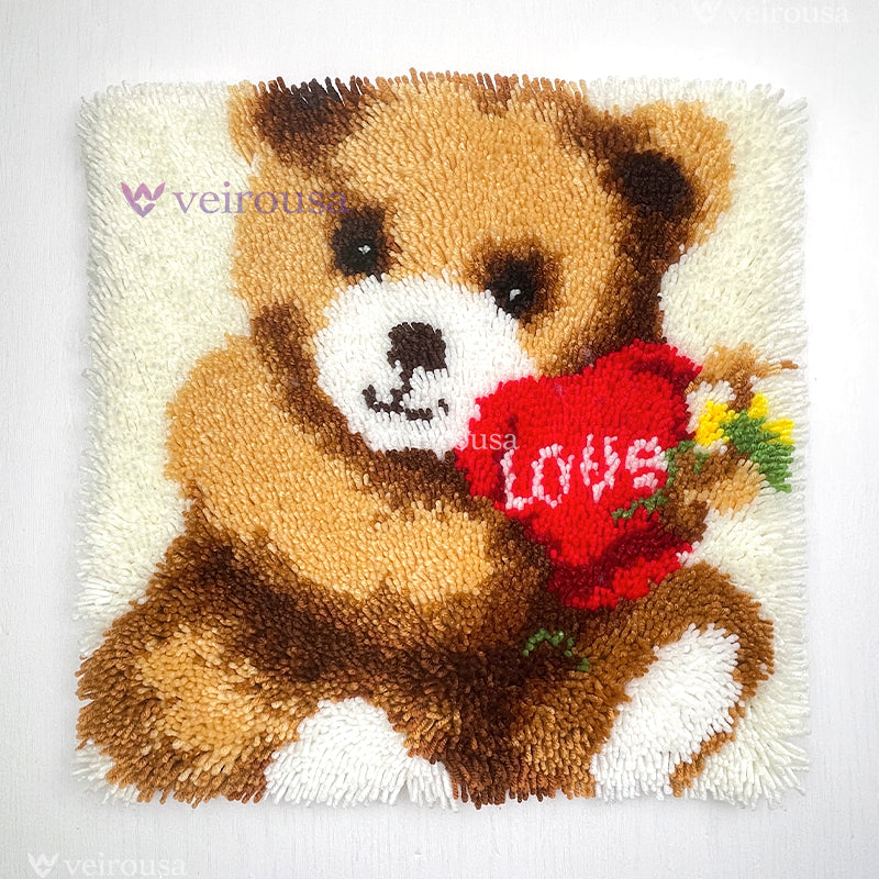 Teddy Bear with Love Heart Latch Hook Pillow Kit