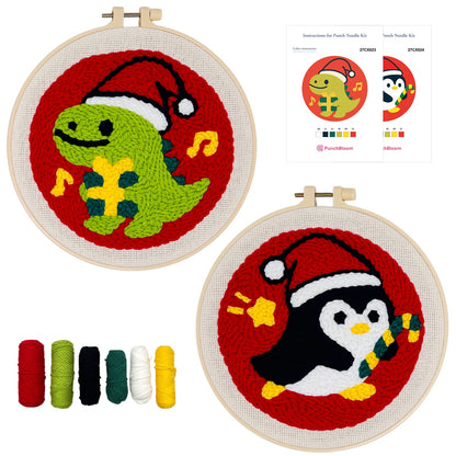 Christmas Dinosaur & Penguin Punch Needle Kit for Beginners