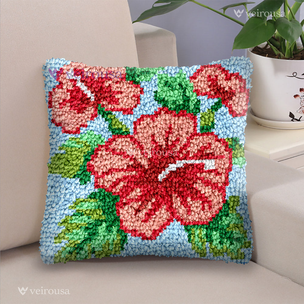 Kit de coussin à crochet à motif floral rouge pour adultes, débutants et enfants