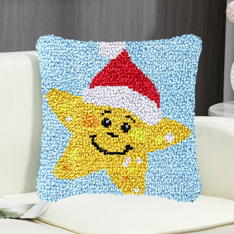 Kit de crochet pour taie d'oreiller « Étoile avec un chapeau de Noël » pour adultes, débutants et enfants 