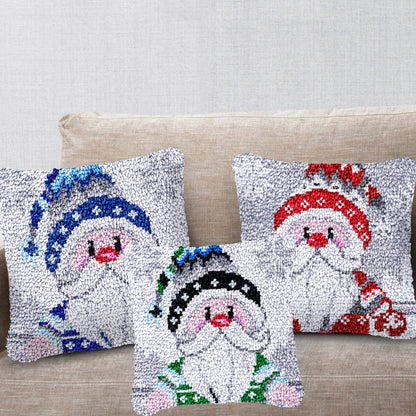 Blue Cartoon Gnome Xmas Latch Hook Pillow Kit for Adult, Beginner and Kid