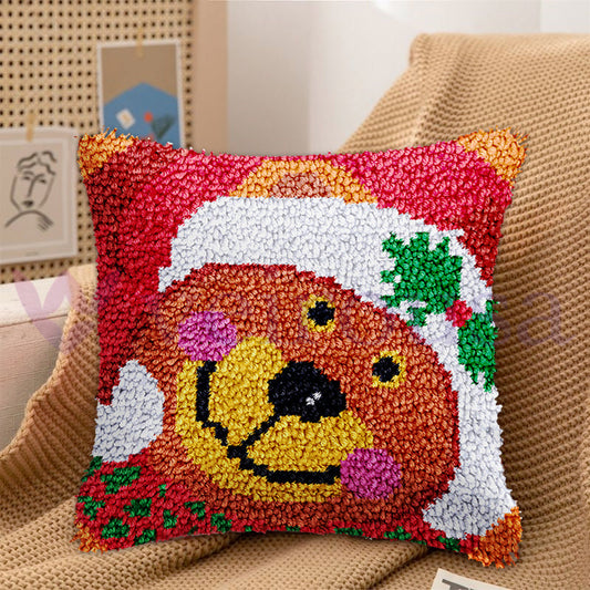 Christmas Bear Pillowcase Latch Hook Kits for Adult, Beginner and Kid