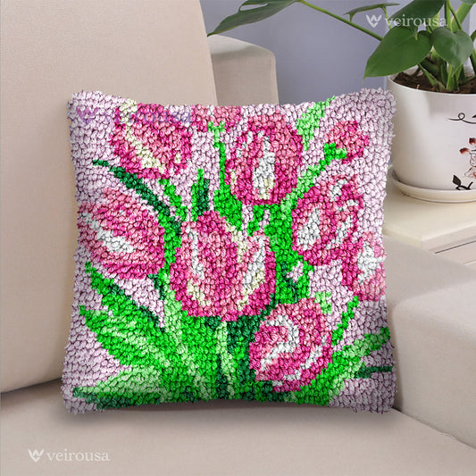 Kit de coussin à crocheter avec tulipes roses pour adultes, débutants et enfants