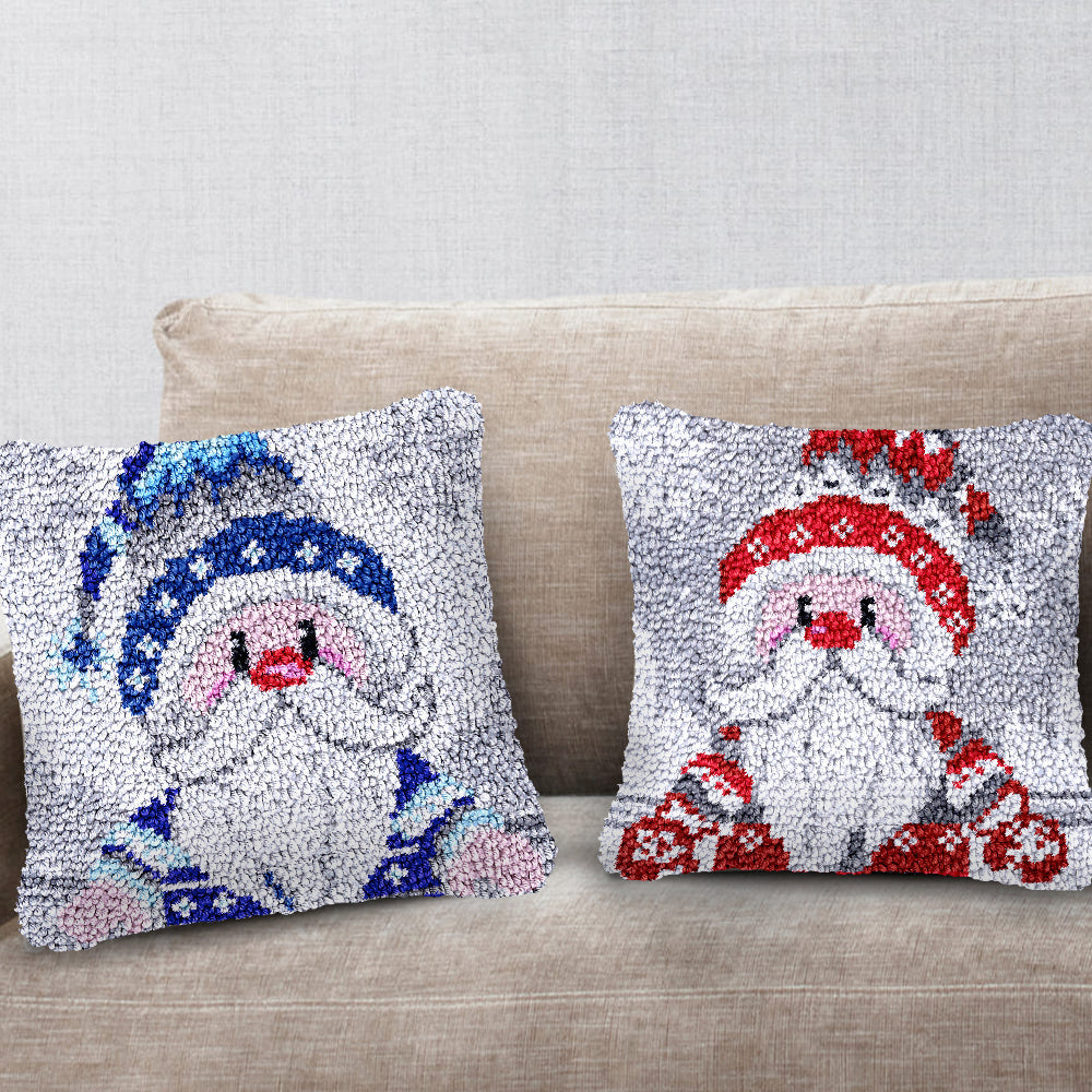 Blue Cartoon Gnome Xmas Latch Hook Pillow Kit for Adult, Beginner and Kid