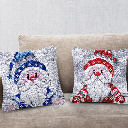 Blue Cartoon Gnome Xmas Latch Hook Pillow Kit for Adult, Beginner and Kid