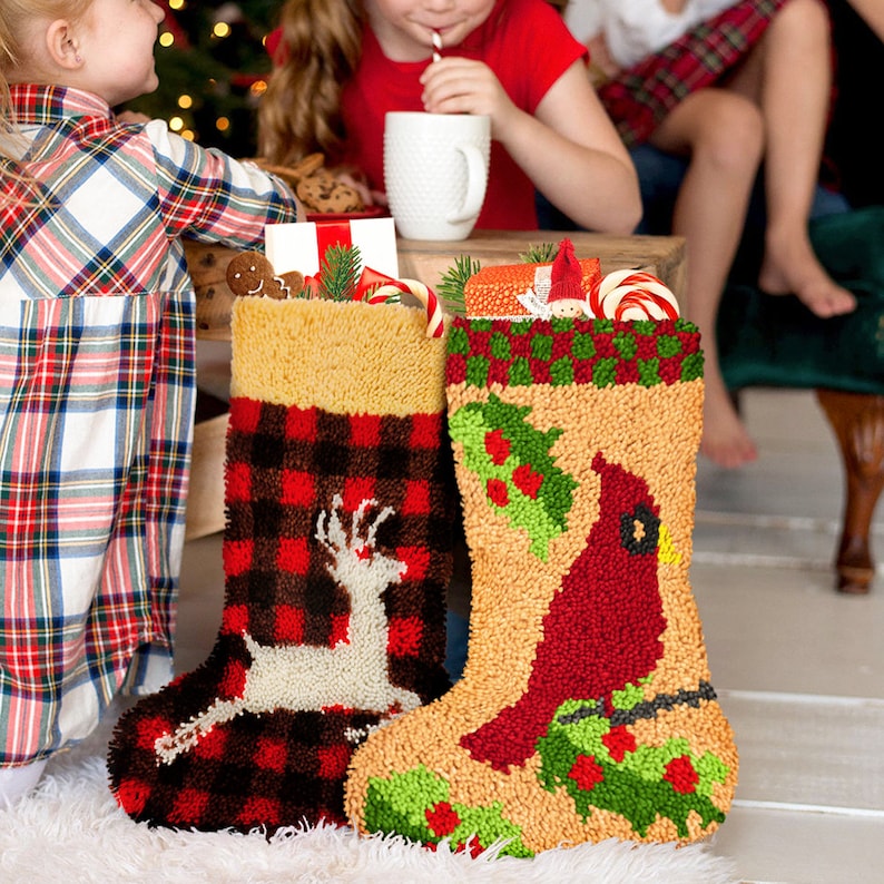 Kits de crochet DIY pour débutants, motif chaussette de Noël cardinal