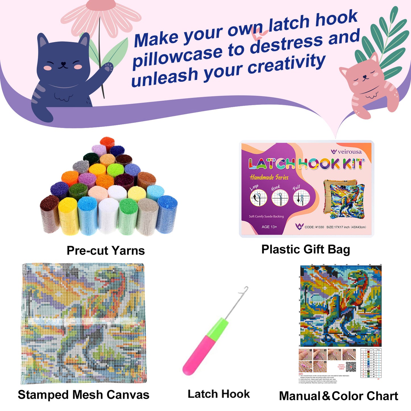Veirousa Howling Dinosaur Latch Hook Pillow Kit Including Yarn, Tool, Printed Mesh Canvas, Instructions And Beautiful Package