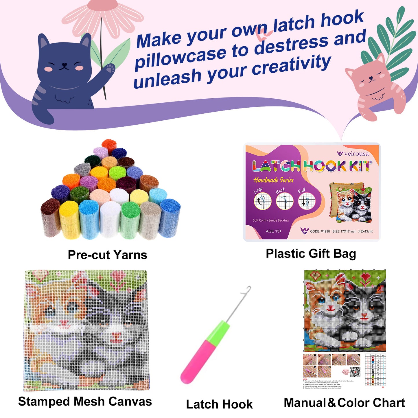Two Kittens Latch Hook Pillow Kit