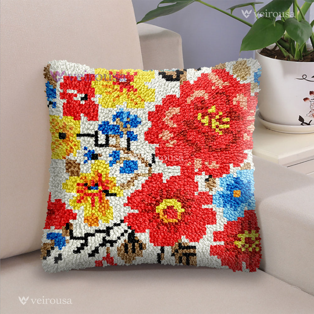 Kit de almohada con ganchillo de flores rojas