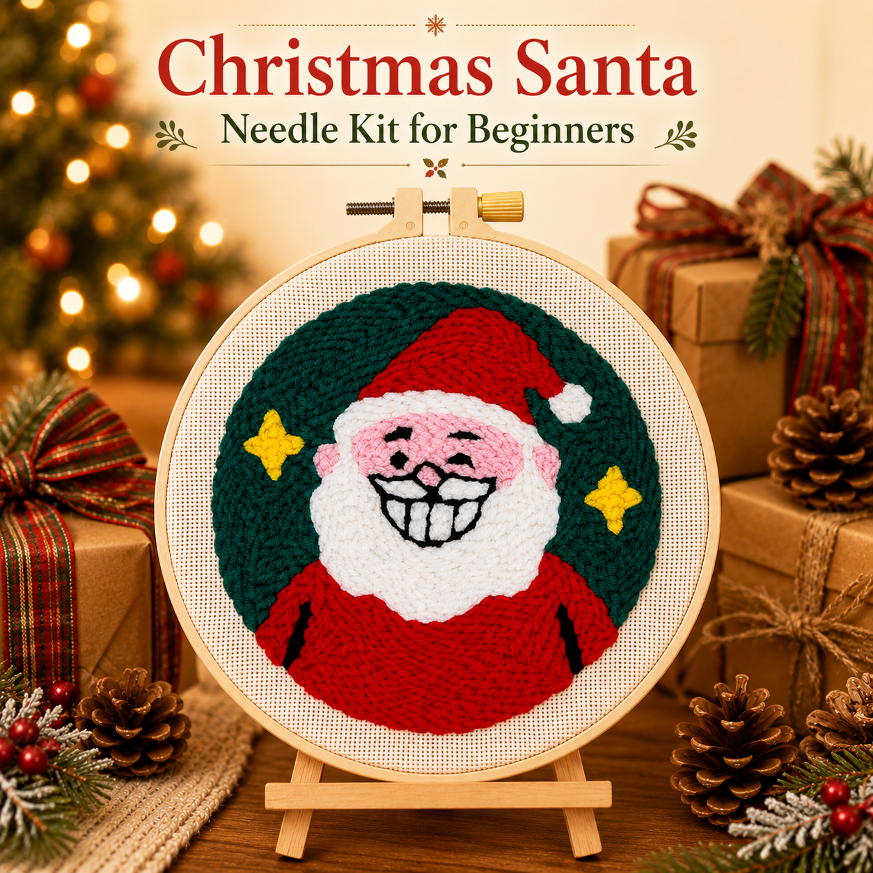 Santa Claus and Reindeer -Punch Needle Decor Kit