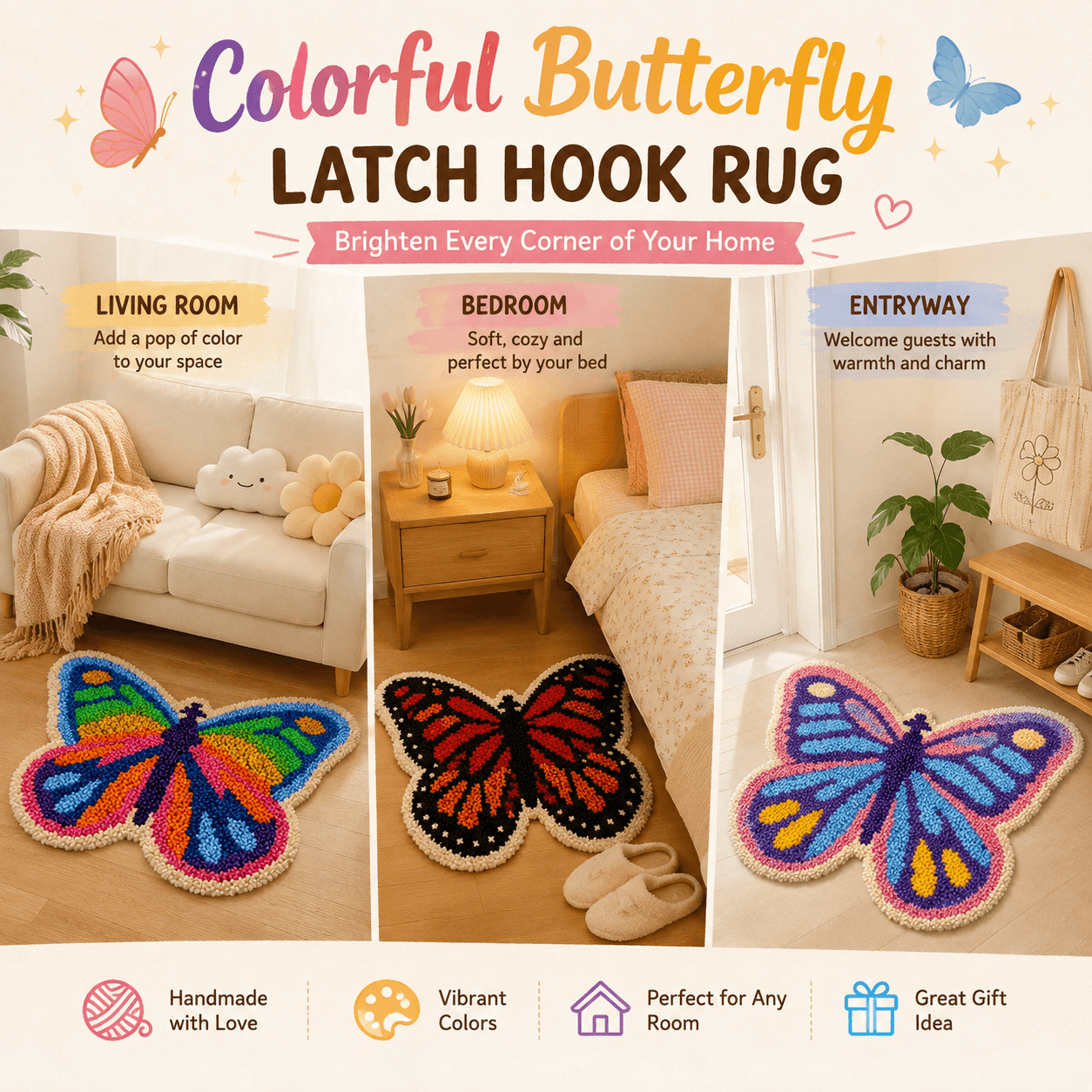 Colorful Butterfly Latch Hook Rug Kit