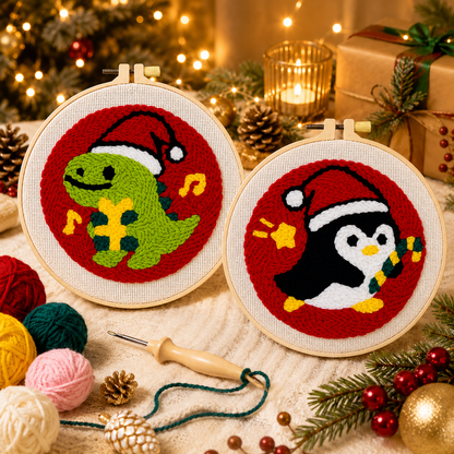 Christmas Dinosaur & Penguin Punch Needle Kit for Beginners