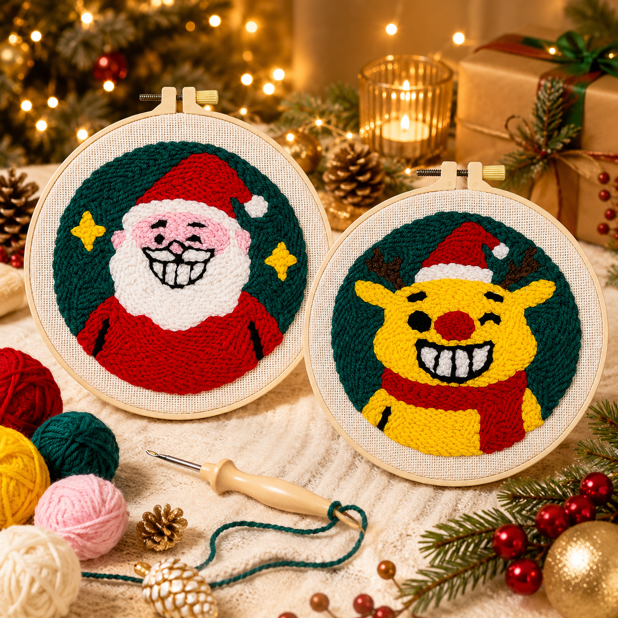 Santa Claus and Reindeer -Punch Needle Decor Kit
