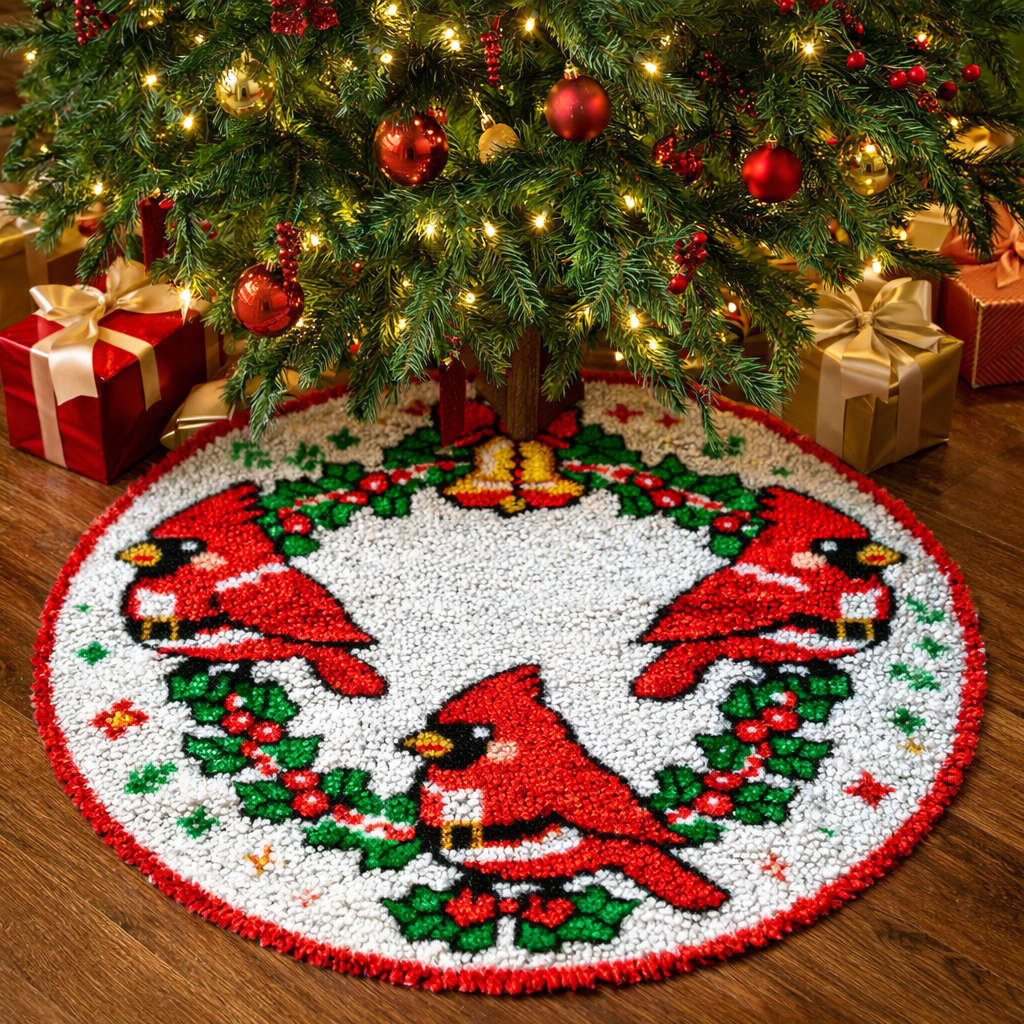 Veirousa Cardinals And Bell Christmas Tree Skirt Latch Hook Kit