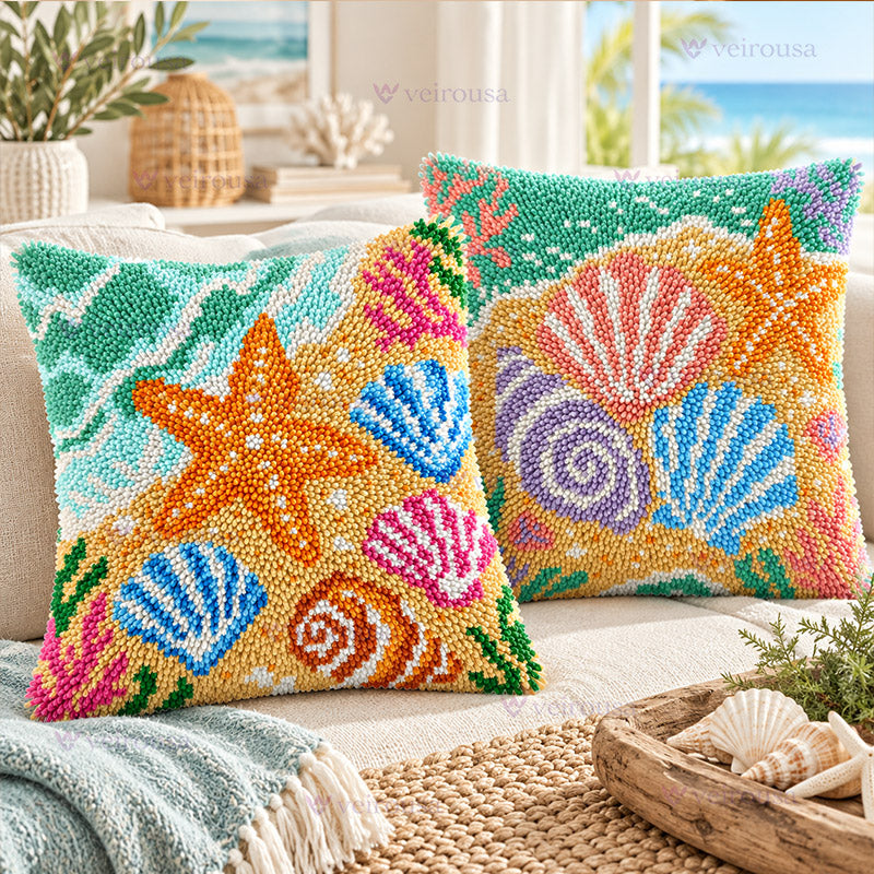 Veirousa Colorful Beach Seashells & Starfish Latch Hook Pillow Kit