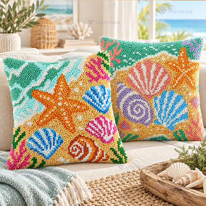 Veirousa Colorful Beach Seashells & Starfish Latch Hook Pillow Kit