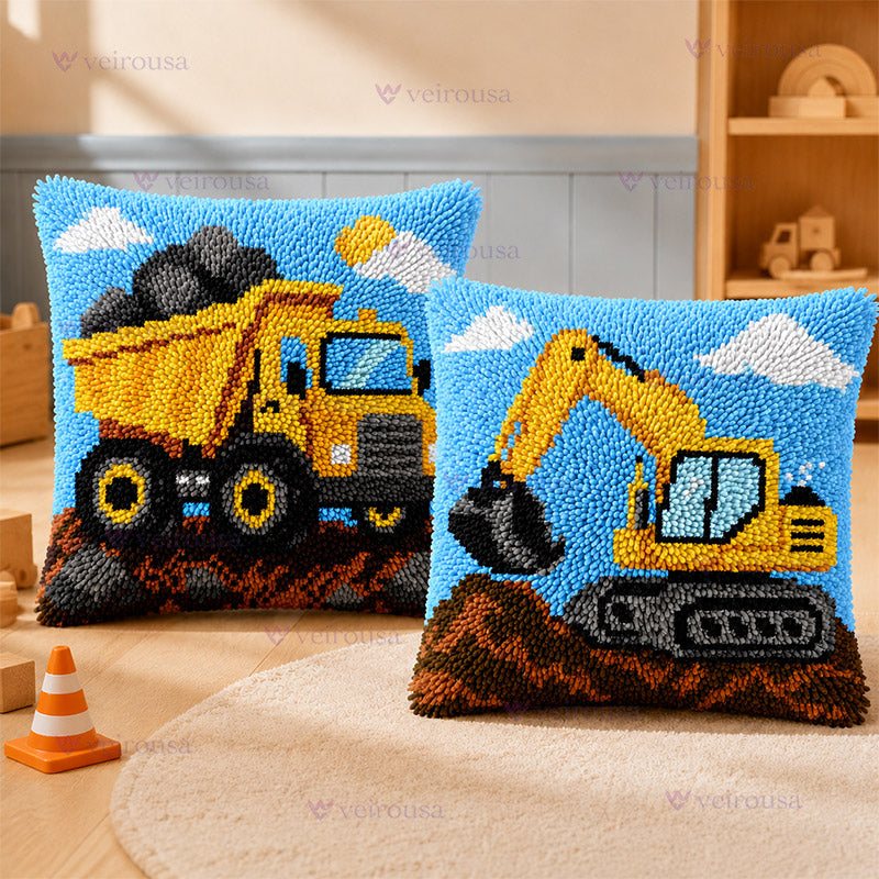 Veirousa Construction Vehicles Latch Hook Pillow Kit