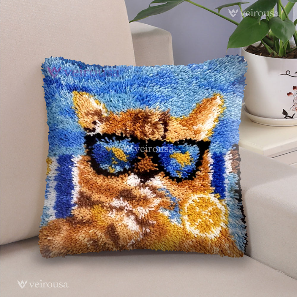 Veirousa Cool Orange Cat Latch Hook Pillow Kit