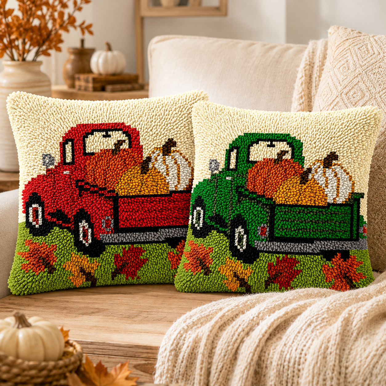 Veirousa Pumpkin Harvest Truck Latch Hook Pillow Kit