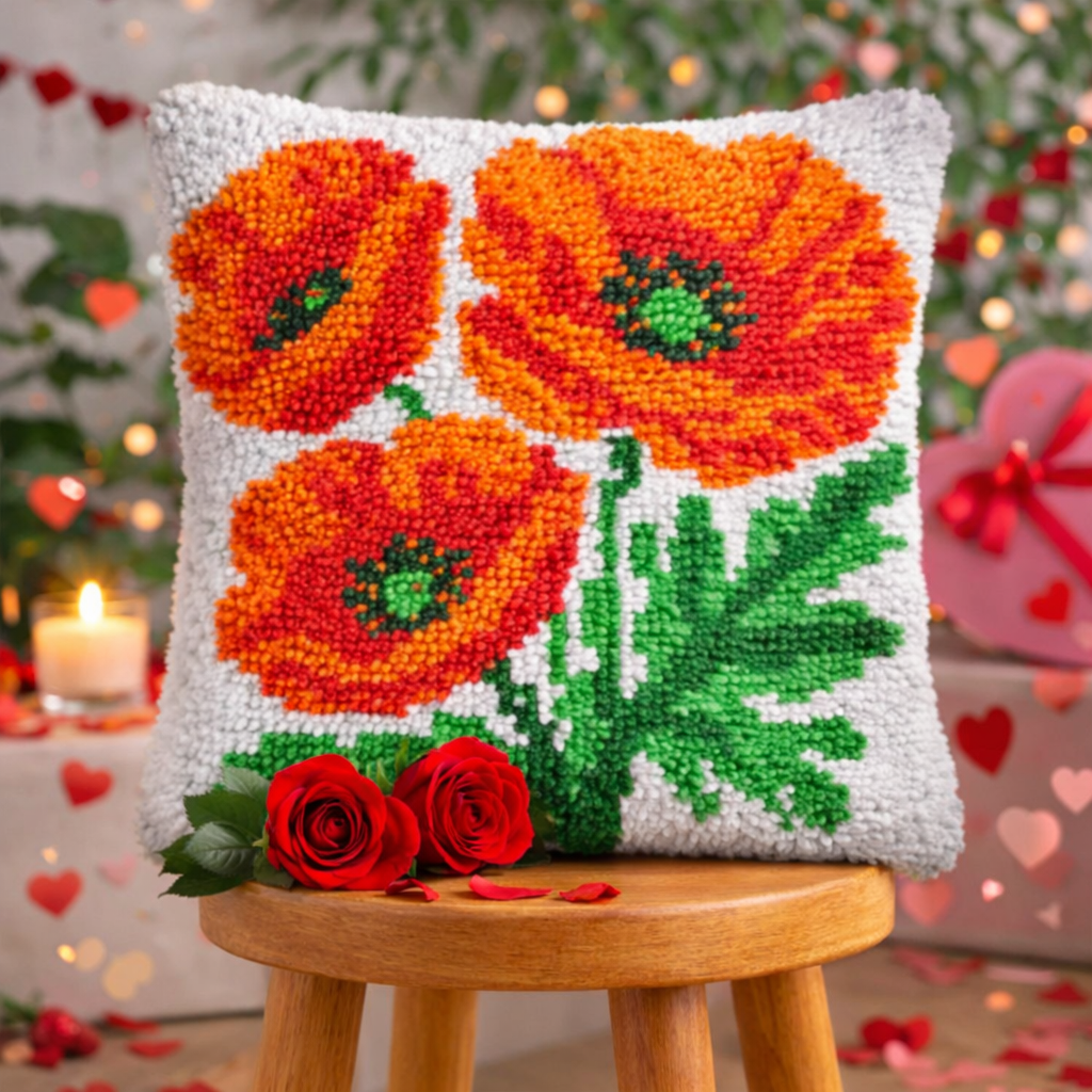 Three Poppies Flower Latch Hook Pillow Kit